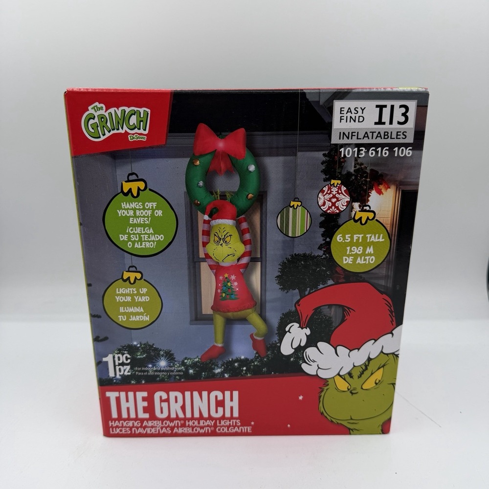 6.5' The Grinch Airblown Inflatable Hanging From Christmas Wreath Dr. Seuss New